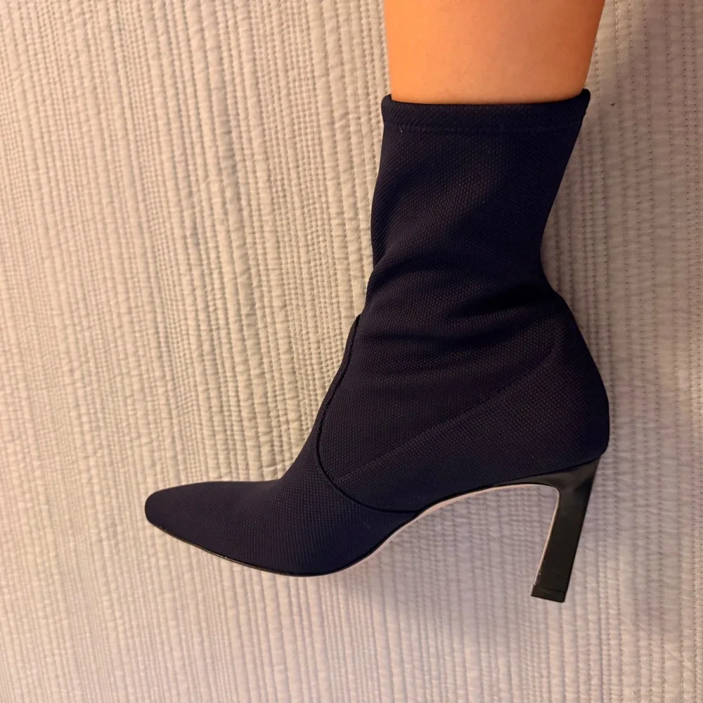Stuart Weitzman Women's Navy Blue Knit Sock Booties Pointed Toe Stiletto Heel 6M